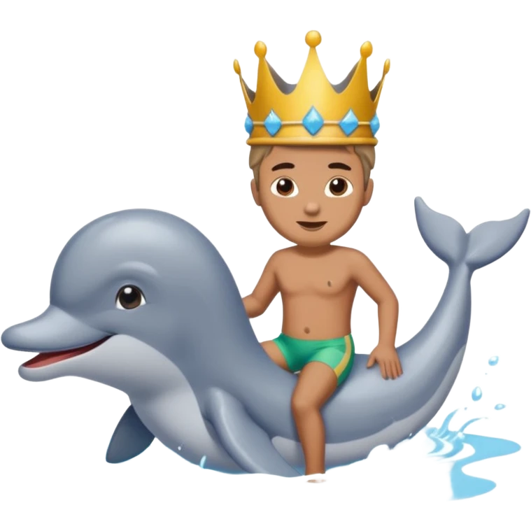 Man riding dolphin in lake with poop king on his head emoji