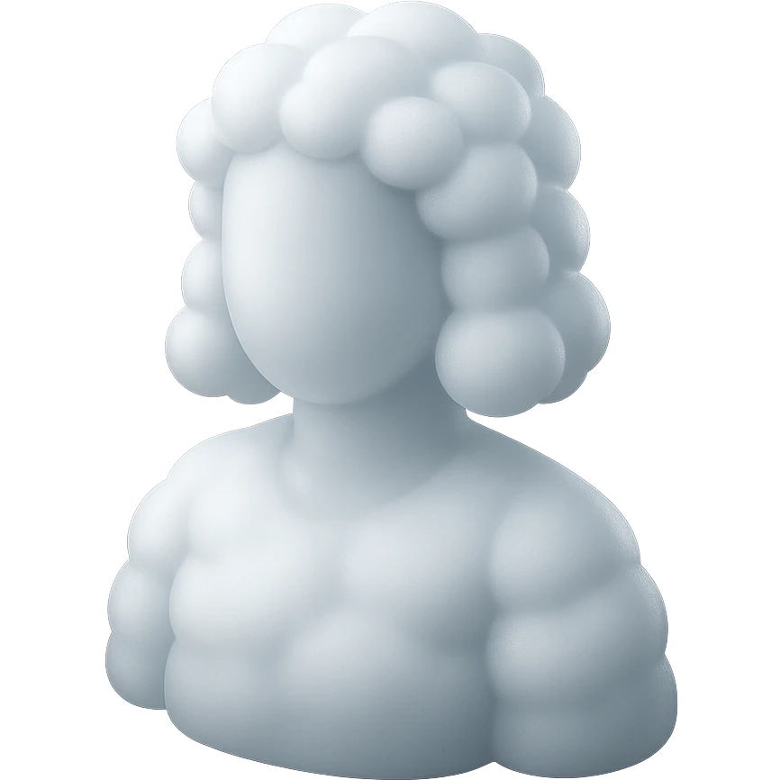 person made entirely of white clouds, fluffy, convex, shoulder length, front view, matte glass style emoji