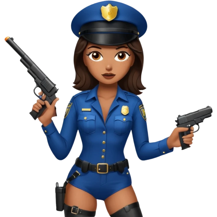 A sexy girl. with caramel skin. Dark brown hair and brown eyes. She has freckles. Wearing sexy makeup. Dressed as a sexy cop. wearing lingerie and heels. Holding a gun emoji