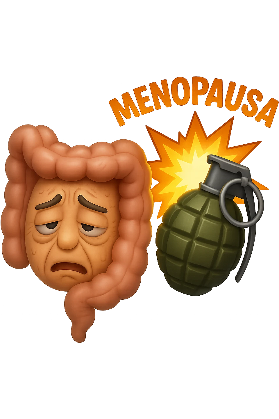 EMOJI STILE IPHONE 3D DI INTESTINO ANZIANO CON RUGHE SFINITO CON ESPRESSIONE STANCA, ACCANTO A LUI SCOPPIA UNA GRANATA 3D CON LA SCRITTA "MENOPAUSA" SOPRA emoji