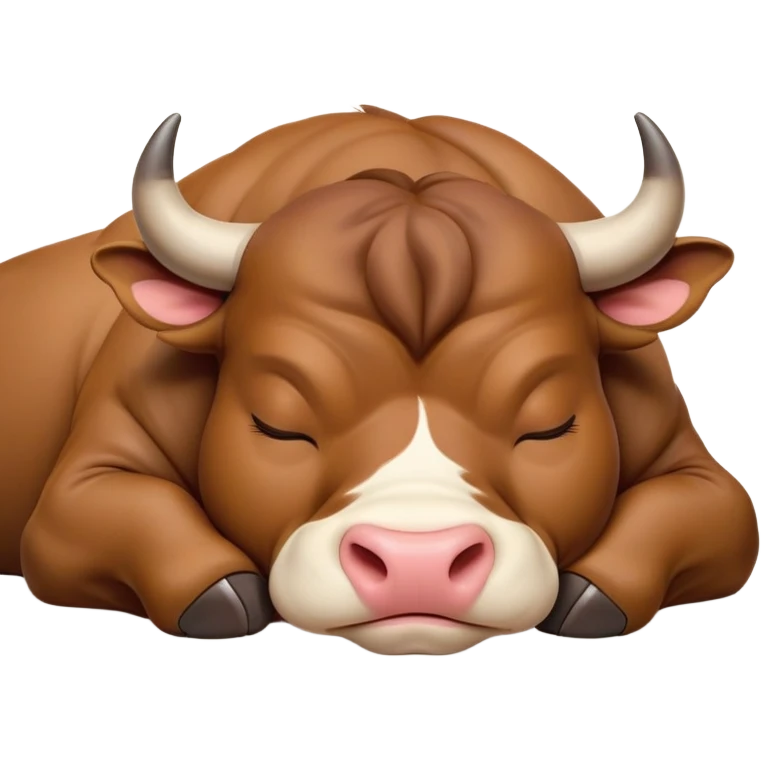 meme-worthy-cute-sleeping-domestic-bull-portrait-emoji,-head-resting-peacefully-with-a-contented-smile,-showcasing-a-robust,-muscular-build-and-a-luxuriously-soft-coat,-eyes-gently-closed-in-serene,-restful-slumber,-simplified,-solid-brown emoji
