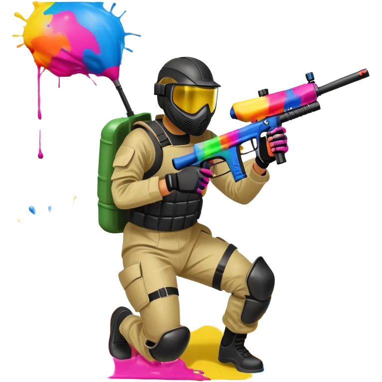 A dynamic scene of a player in action, holding a paintball gun and wearing protective gear. The background shows a vibrant paintball field with obstacles, colorful splatters of paint in the air, and an intense, competitive atmosphere. emoji