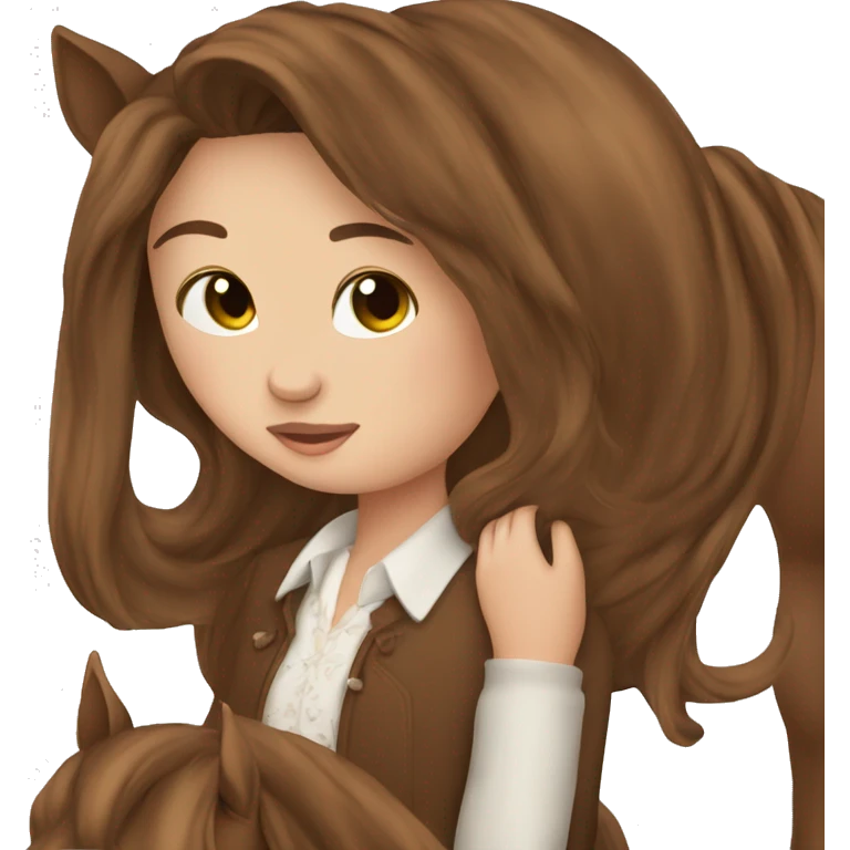 Beautiful Girl long brown hair hug her brown horse emoji