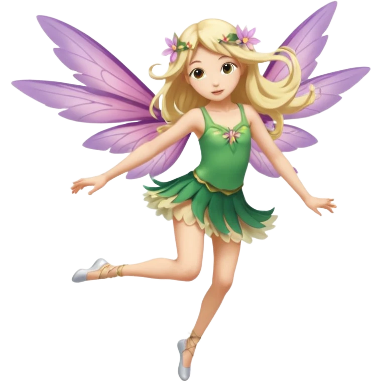 A winged flower fairy girl, wearing a short skirt, one leg straight and the other bent, her body tilted, in a flying pose. emoji
