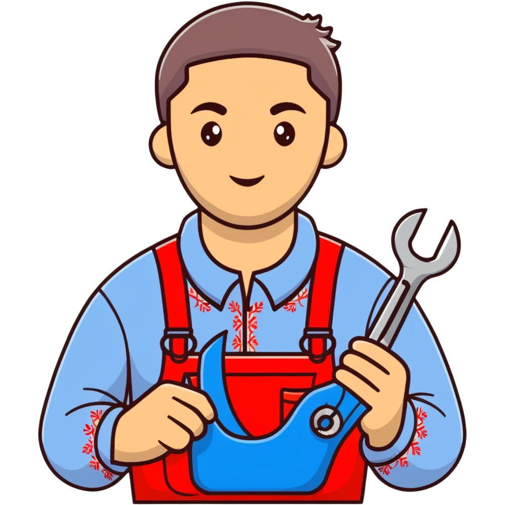 Ukrainian craftsman wearing traditional embroidered vyshyvanka shirt holding a spanner wrench and red scissors emoji