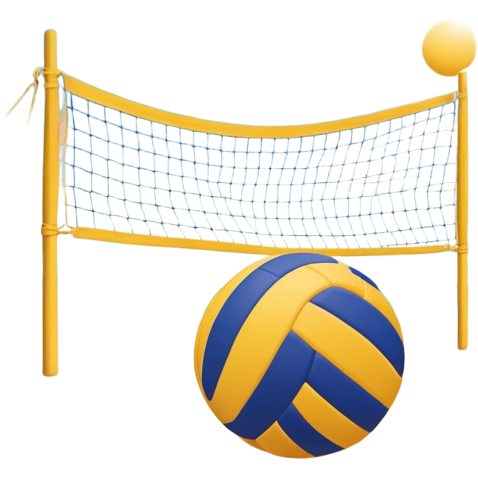 A volleyball resting on the yellow sand on a beach, with the net in the background and a scenic view of the ocean and sky. The scene captures the relaxed yet competitive vibe of beach volleyball, with warm sunlight and the natural beauty of the beach. emoji