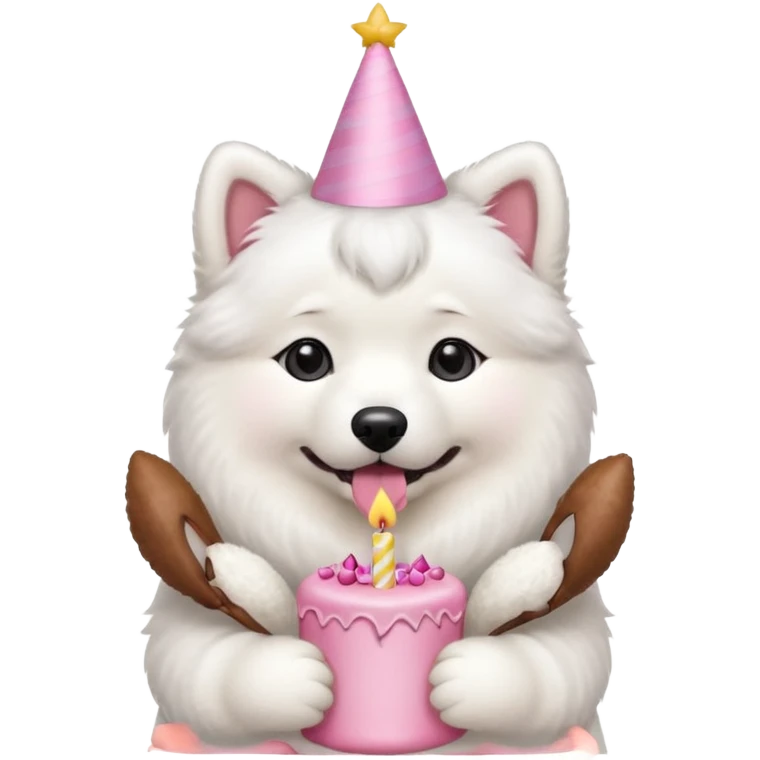 cute samoyed hold a pink birthday cake in both arms with pink birthday hat emoji