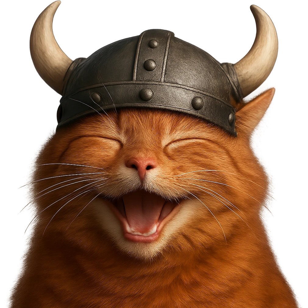 Make this laughing red viking cat more realistic with detailed fur and natural cat features. The cat should have a realistic horned helmet, remain red, and be laughing. Remove the background. emoji