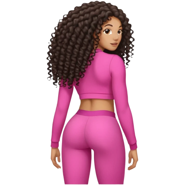 Uma mulher negra da pele clara com cabelo cacheados bem longo até a bunda  sem tanto volume no cabelo e um corpo atlético com roupa rosa  emoji