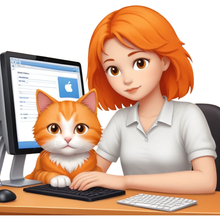 A girl is working in front of a computer, and a cat is lying next to the computer emoji