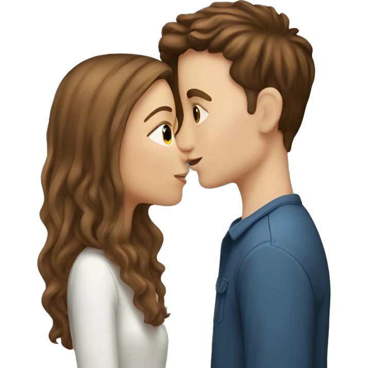 white girl with brown long straight hair kissing a white boy with short curly dark brown hair emoji