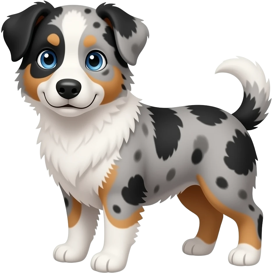 Blue Merle Aussie doodle with blue eyes mostly white face one year is black. The other is gray. emoji