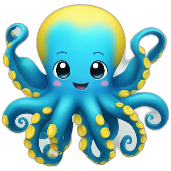 A blue cute octopus with a big smile with yellow under arms, blue coloured itself, Disney style emoji