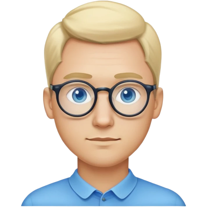 Man with blonde ponytail, round glasses and blue eye emoji