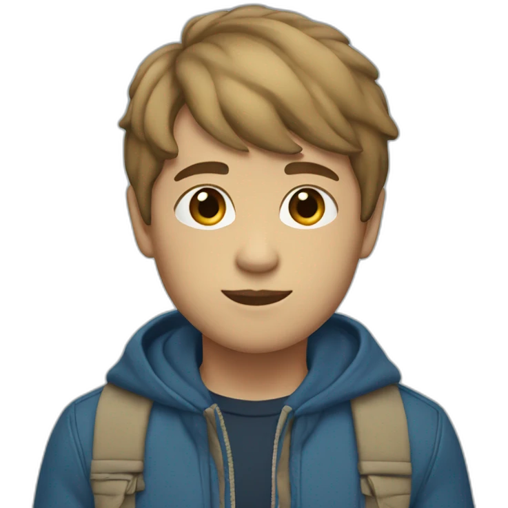 The boy has brown bangs with beige skin and a blue jacket and blue pants emoji