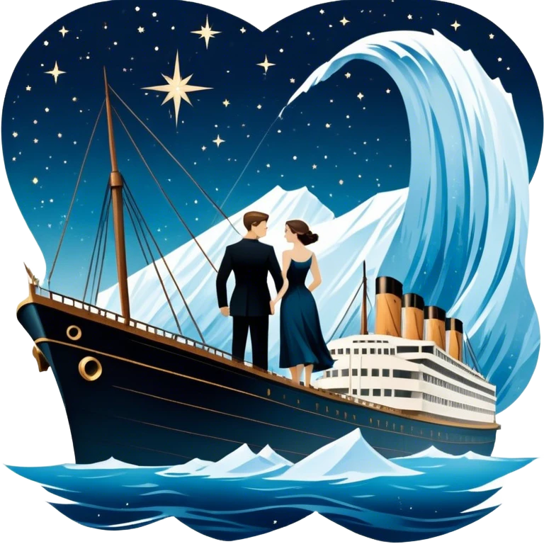 Icon for Titanic Movie: A vintage movie poster-style design featuring a dramatic scene of the ship, the iceberg, and a romantic silhouette of the main couple. Include elements like the ship’s bow, water splashes, and a starry sky in the background. Retro cinematic feel. Transparent background. emoji