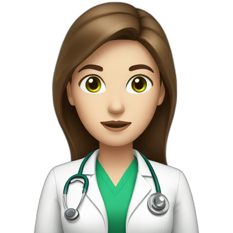 Doctor woman with long brown hair, white skin and green eyes emoji