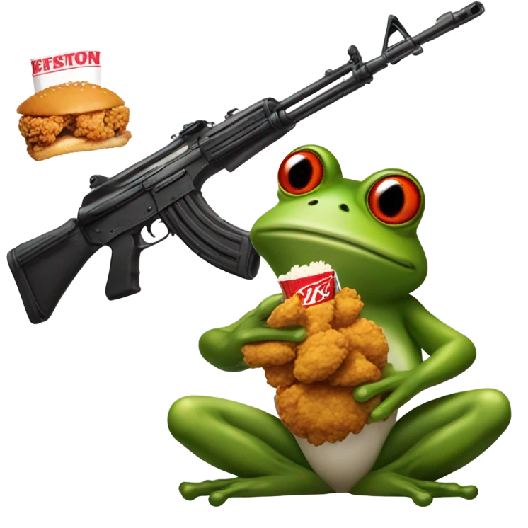 Frog with Ak 47 with a KFC fried chicken on his head emoji