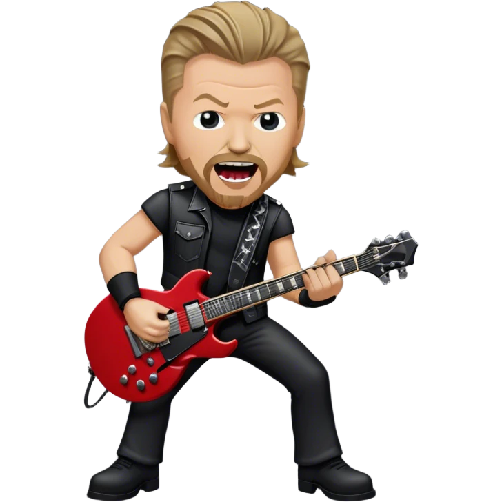 Create a bold and energetic emoji representing James Hetfield with his iconic guitar. The design should feature James Hetfield holding his famous ESP Explorer guitar, known for its sharp, angular body shape. The emoji should convey a sense of power and energy, with James positioned in a strong, rockstar pose, playing with passion. Add subtle elements like a microphone stand, amplifier, or stage lighting to reflect the live performance vibe. Use dark, metallic colors like black, silver, and red, reflecting the heavy metal aesthetic. The background should be transparent. emoji