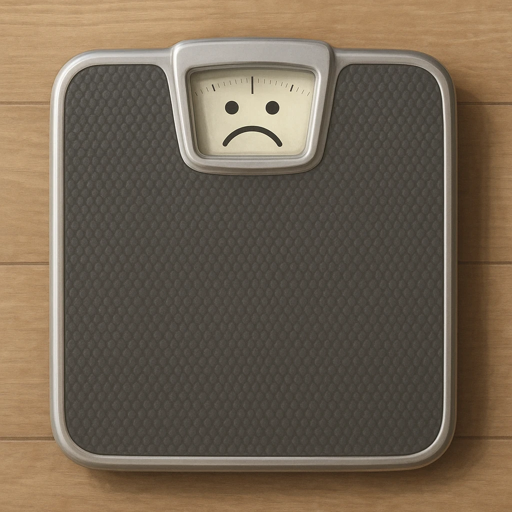 realistic illustration of a weighing scale with a sad face symbol on the display emoji