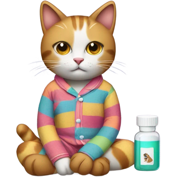 cat in pajamas taking prescription pills emoji