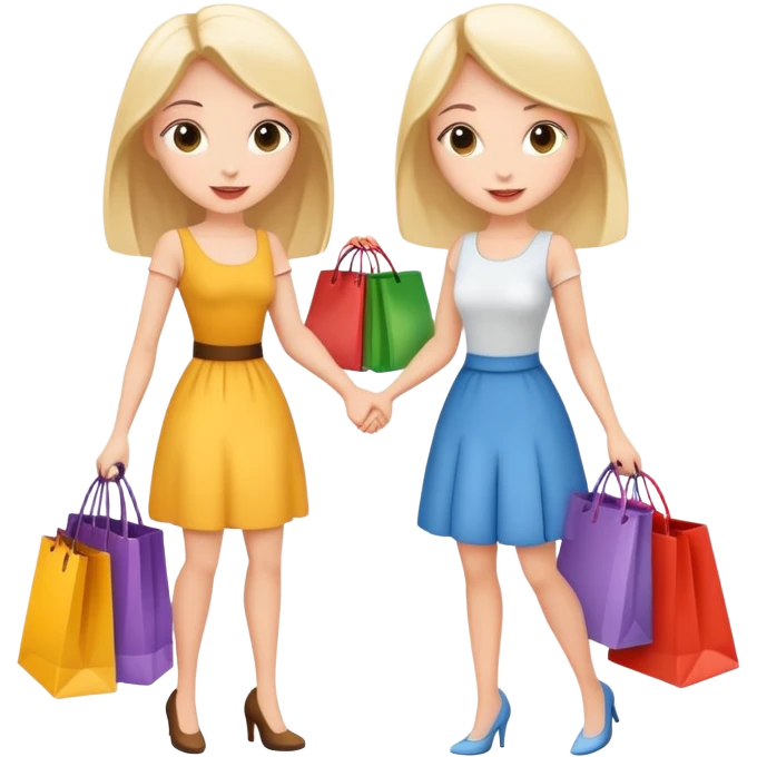Two cartoon girls exchanging shopping bags with each other emoji