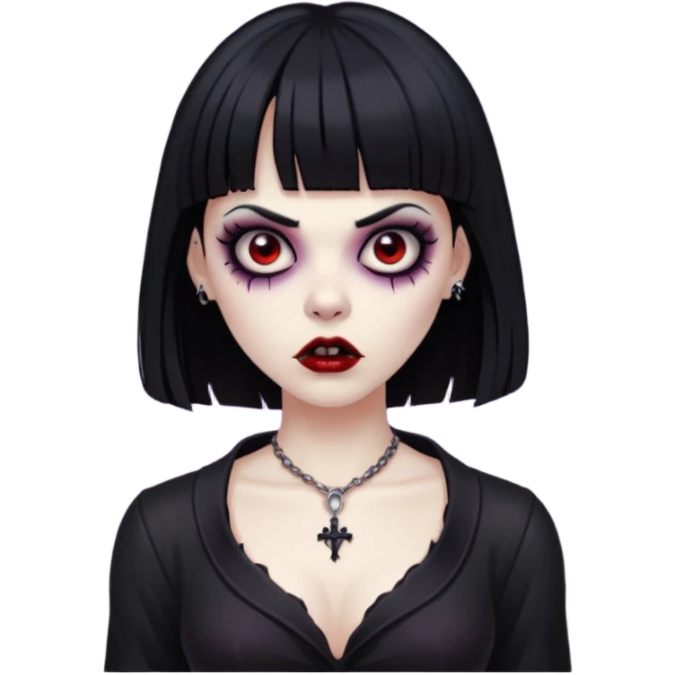 vampira gótica zumbi de cabelo preto e franja e roupa com decote emoji