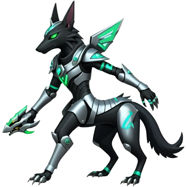Black and green cyberpunk intricate neon glowing grey white futuristic cyborg-Anubis-Hermanubis-Zeraora-Zoroark-Luxray-fusion (full body) emoji