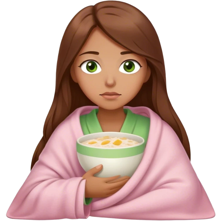 woman with very long brown hair and green eyes in a light pink blanket sleepy with porridge emoji