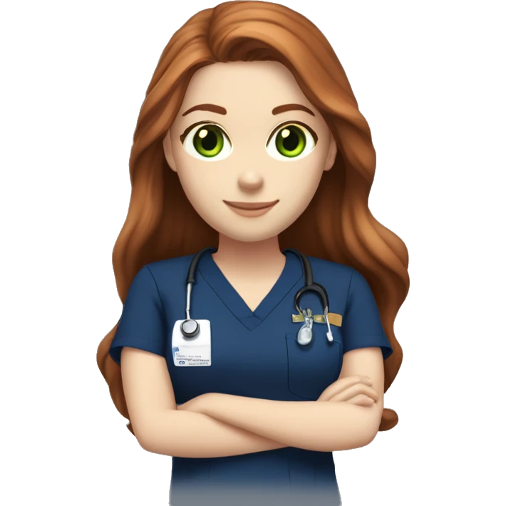  White girl fair skin, long auburn hair, green eyes, navy blue scrubs emoji