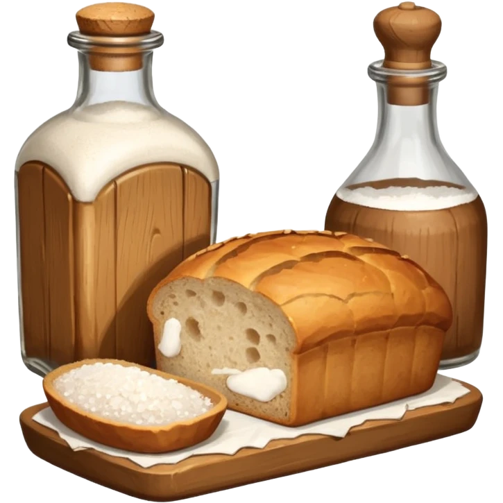 a bottle of salt (salt cellar) and a loaf of peasant bread - still life composition emoji