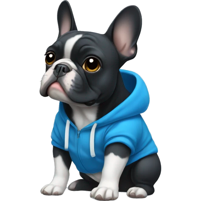 Black French bulldog with a white breast in a blue hoodie  emoji