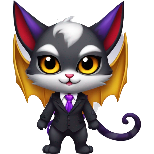 Cute-Evil-Vampiric-Batty-Cat-Black-Purple-Red-Grey-White-Yellow-Contrast-Colors-Fantasy-Fur-Sona-Chibi-Shiny-Fakémon-Hybrid with horns and big fangs neck tie leg spats full body emoji