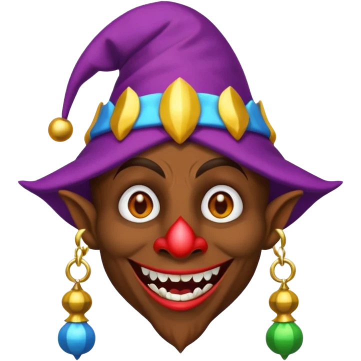 Dark brown skin medieval jester with white eyes and fangs emoji
