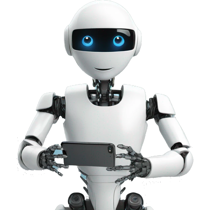 a humanoid robot looking at his iphone emoji