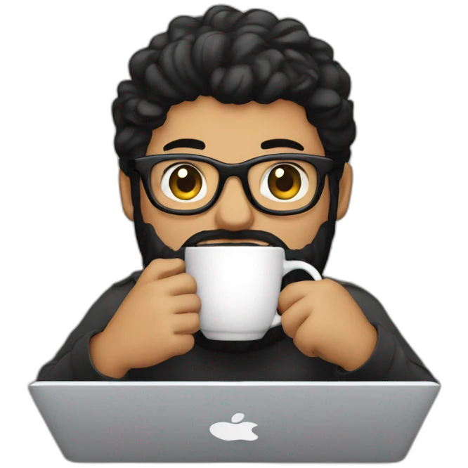 Designer with black hair, beard and glasses working with MacBook and drinking cappuccino  emoji