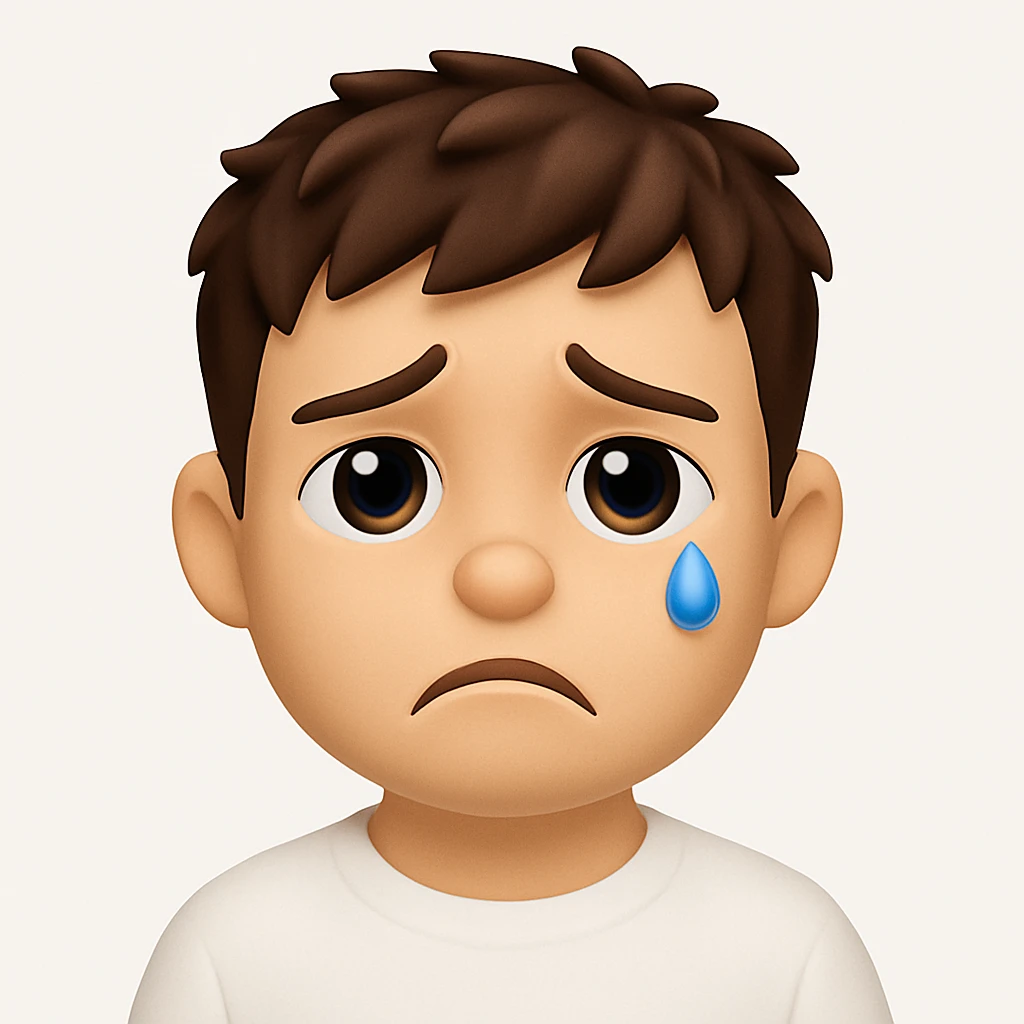 Create a 3D cartoon emoji character with a large head, big eyes, smooth skin, simple features, and a sad face. The style should be clean, modern, and minimalistic with soft lighting and a white background. The character should be front-facing and inspired by the Apple Memoji/Pixar style as shown in the reference image. emoji