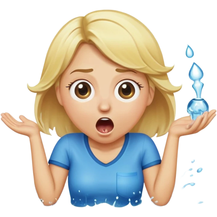 round-faced blond woman kneeling, surprised, cartoonish wide stick with a D-shaped knob coming out of pants hanging in front of her face, water stream squirting from the knob into her open mouth emoji