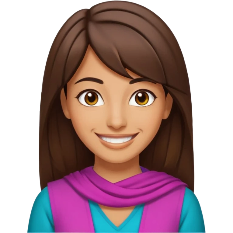 30 yr old middle eastern woman straight brown hair side bangs big smile tanned skin brown eyes colorful clothes emoji