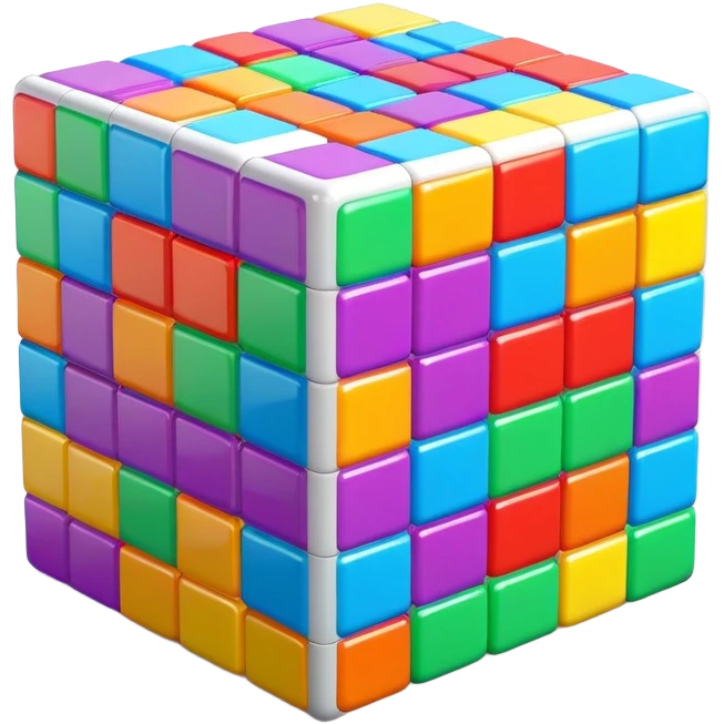 A 3D Tetris-style cube block with a smooth, glossy surface. Bright and vibrant colors, slightly reflective, with soft shadows. The cube should have a modern and playful look, resembling classic Tetris game aesthetics emoji