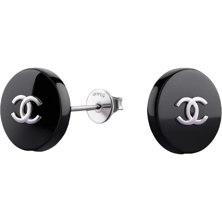 a pair of 3D emoji-style Chanel logo stud earrings, glossy black with silver accents, elegant emoji
