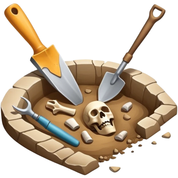 An icon featuring an excavation site with a trowel and ancient artifacts, like pottery and bones, scattered around. The design includes a partially uncovered fossil and a digging brush, symbolizing the discovery of history through archaeology. Transparent background  emoji