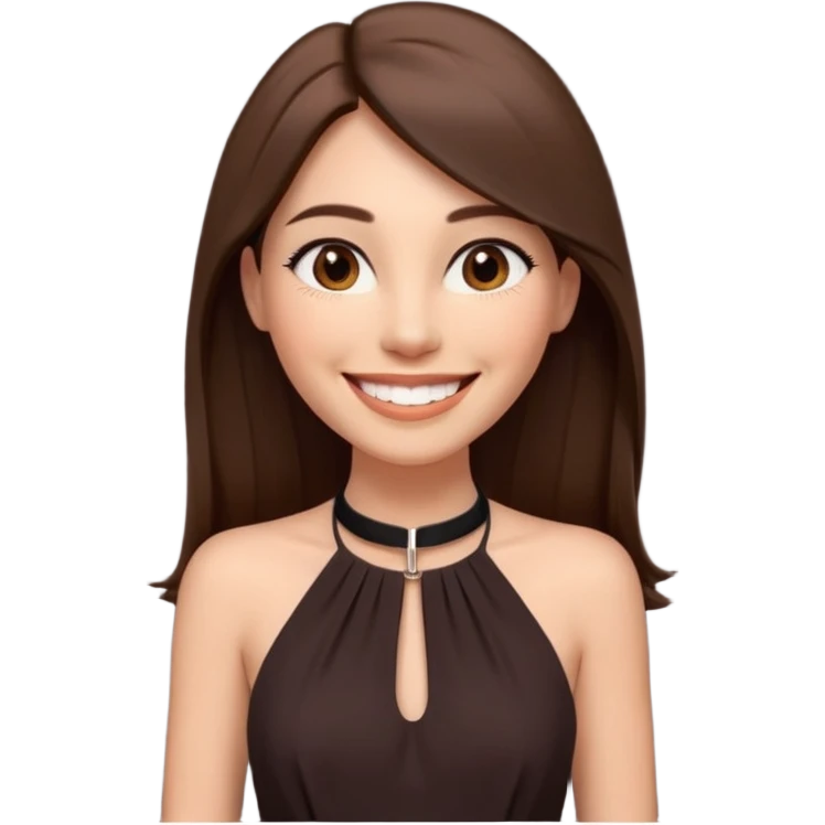 emoji-style illustration of a stylish pretty big smile woman with long straight brown hair, wearing a dark halter neck dress, elegant and minimalistic look, front-facing, soft 3D cartoon rendering, plain background emoji