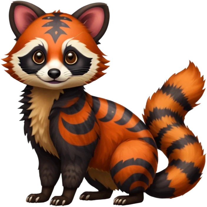 A Colorful exotic tropical tribal cute happy realistic esoteric patterned fluffy furry dark civet-cacomistle-genet-red-panda-oncilla-Fakémon-fursona-hybrid-fusion-animal-creature, full body, 4-legged emoji
