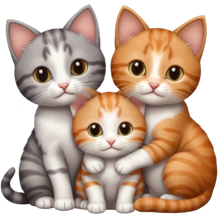 3 very small kittens cuddling together all different colours, the first one is grey and white, the second is ginger and white and the third is brown tabby and white emoji