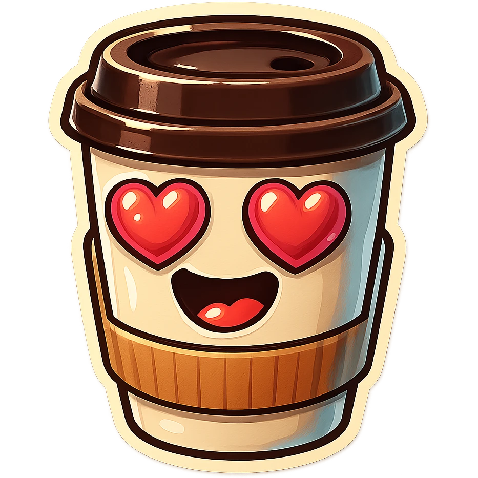Ink wash style, coffee cup creature, big heart eyes, dopey smile emoji