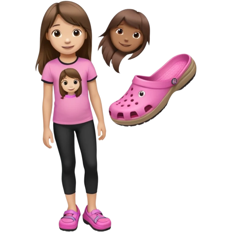 little girl, light tan skin, long brown hair, side bangs, black leggings, pink t-shirt, smiling, cute crocs emoji