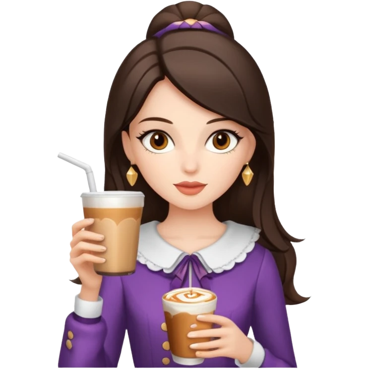 white brunette with brown eyes and a coquette outfit, drrinking caramel machiatto emoji