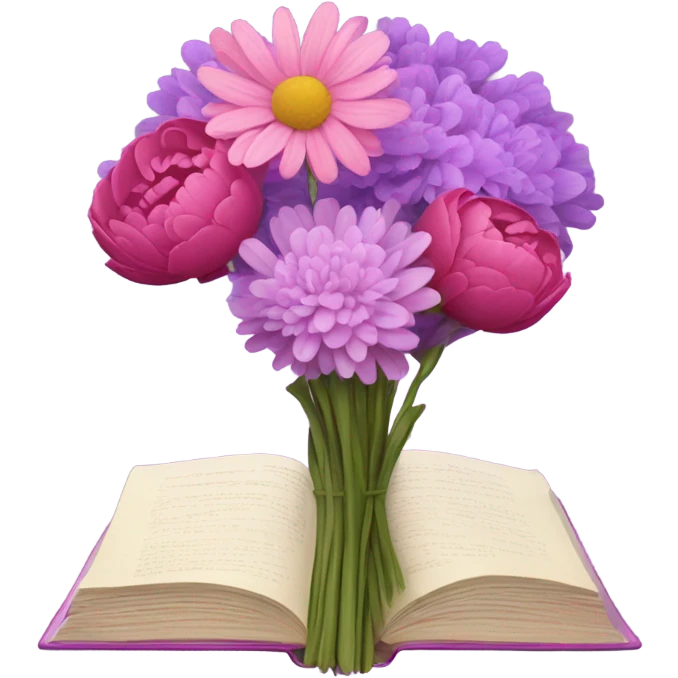 A still-life painting style: a violet book with a bouquet of pink daisies and dark pink peonies, candlelight illuminating the scene. emoji