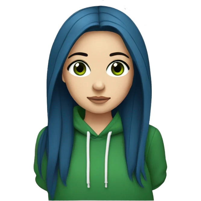 white girl with long straight dark blue hair wearing green hoodie and black eyeliner emoji
